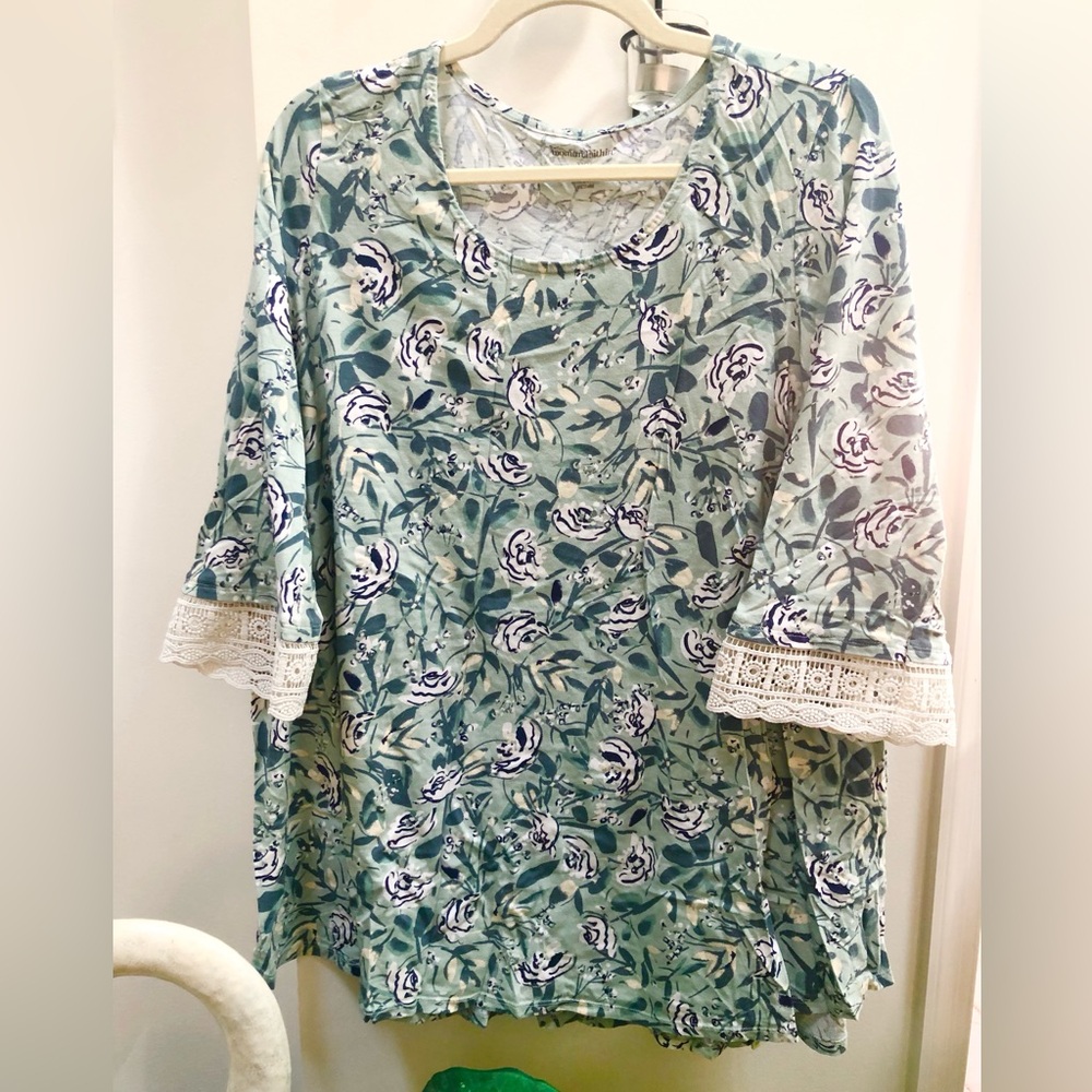 Woman Within Floral Lace Blouse - Green and White